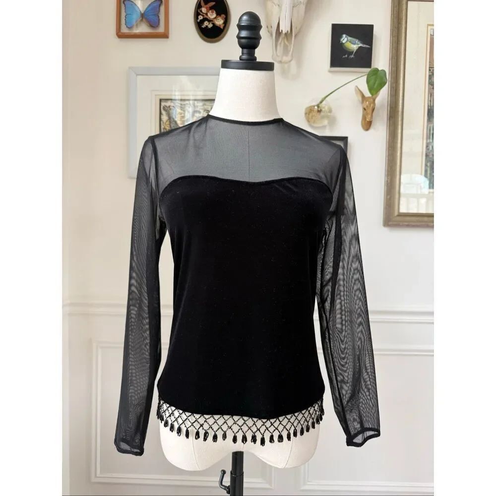 Xscape Illusion Neck Long Sleeve Black Velvet Top Beaded Fringe M